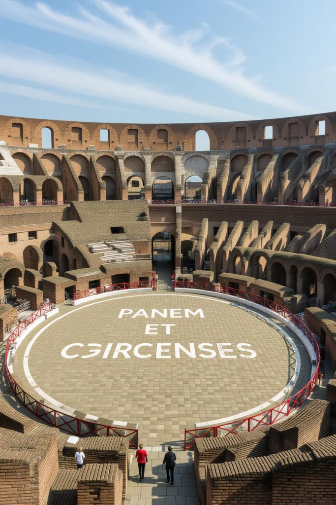 The Latin phrase panem et circenses﻿ literally means “bread and circuses.” It was coined by the Roman poet Juvenal around 100 CE in his Satires as a criticism of how Roman rulers appeased the populace with food and entertainment instead of addressing political and social issues.​

Meaning and Origin
In Rome, emperors provided free grain (panem) and lavish public spectacles such as chariot races and gladiatorial games (circenses) to maintain public favor and prevent unrest. Juvenal used the phrase to mock citizens who, having lost interest in civic responsibility and freedom, cared only for immediate pleasures and distractions.​